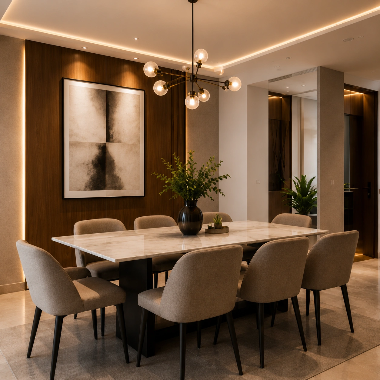 Modern open-concept living and dining room featuring a luxury TV unit, sectional sofa, dining area, modular kitchen, warm LED lighting, and contemporary interior design.
