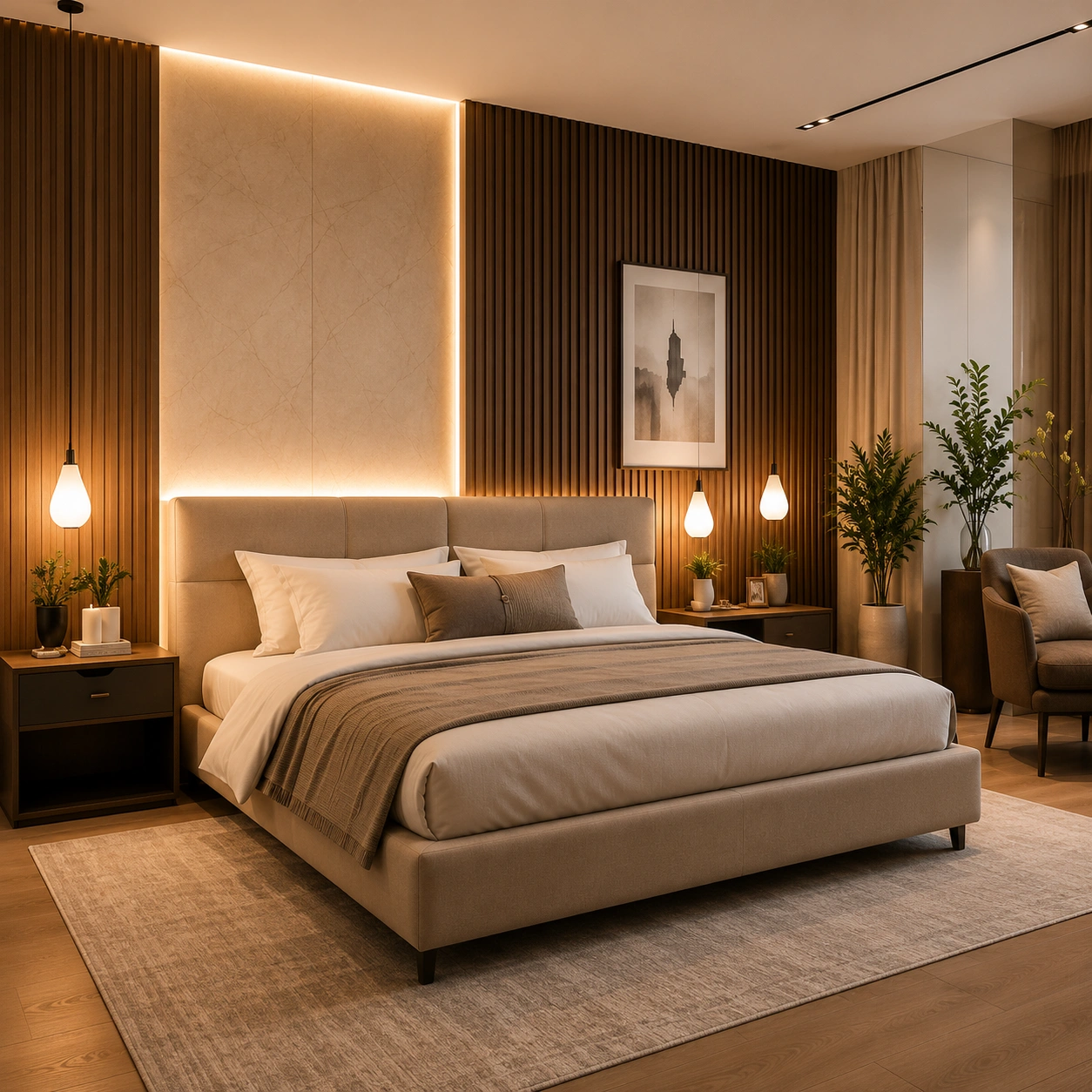 Modern entryway interior featuring a floating wooden console, round wall mirror, decorative lighting, and elegant minimalist decor.