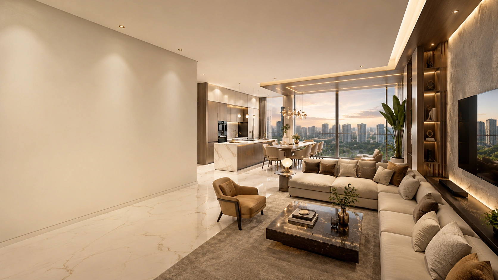 Luxury living room designed by expert interior designers in Navi Mumbai featuring a beige sectional sofa, Italian marble flooring, floor-to-ceiling windows, and premium contemporary home interiors.