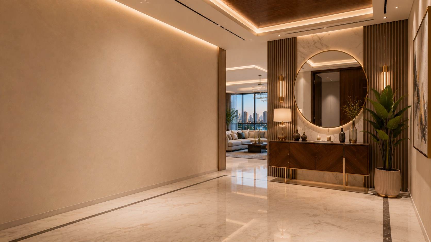 Luxury apartment entrance foyer designed by expert interior designers in bandra featuring marble flooring, a custom wooden console, decorative mirror, ambient lighting, premium wall textures, and elegant contemporary décor