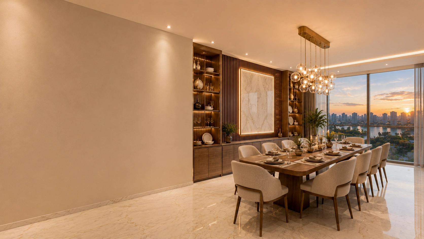 A luxury dining room designed by expert interior designers in Mumbai featuring a solid wood dining table, upholstered chairs, statement chandelier, marble flooring, decorative wall panels, and panoramic skyline views