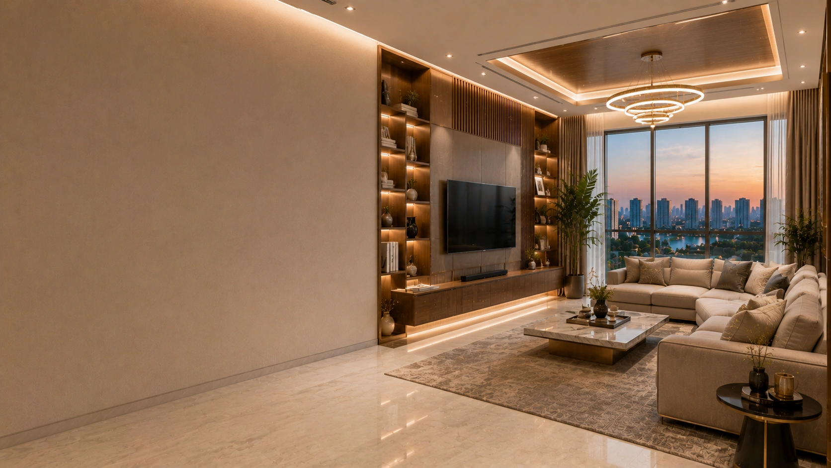 Luxury family lounge designed by expert interior designers in goregoan featuring sectional seating, a wooden entertainment unit, a marble coffee table, ambient LED lighting, panoramic windows, and elegant contemporary interiors.