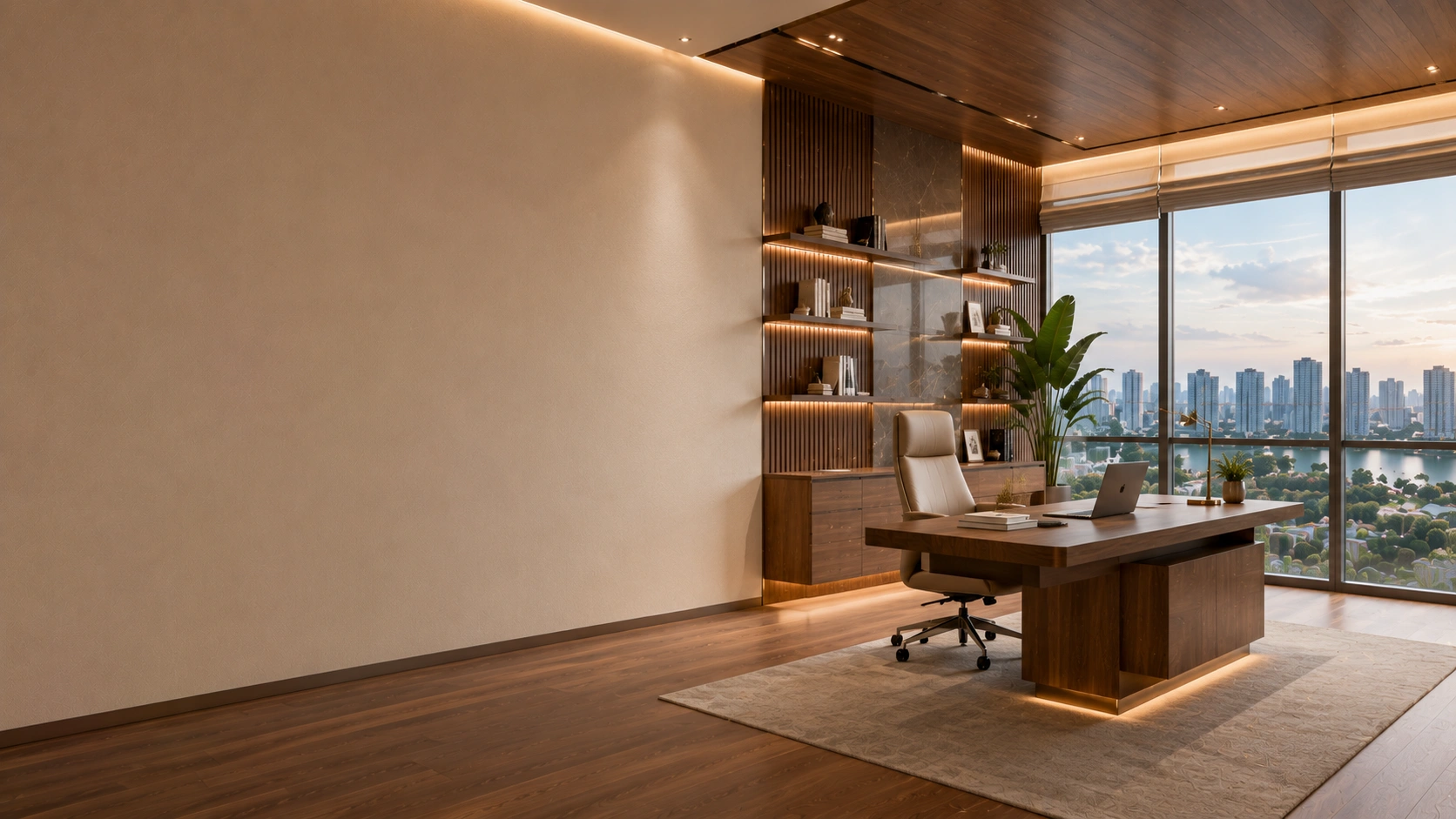 Luxury home office designed by expert interior designers in virar featuring a custom walnut desk, ergonomic chair, floating bookshelves, panoramic windows, premium wooden finishes, and modern contemporary interiors.