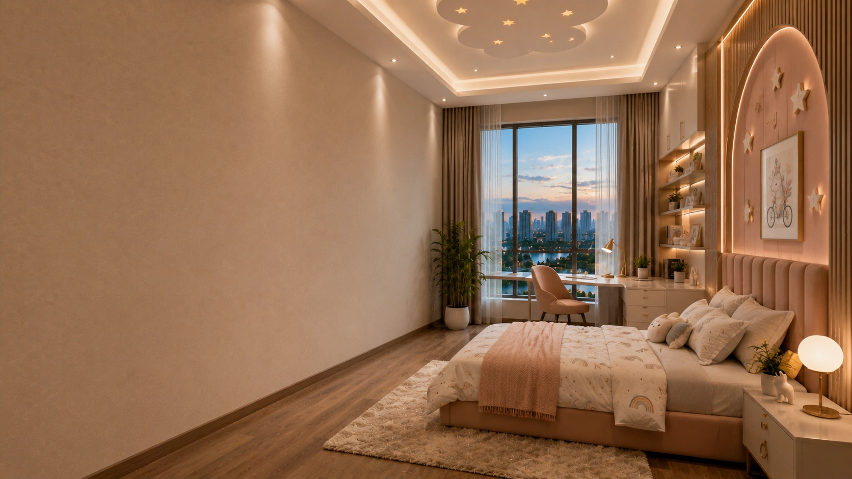 Luxury children's bedroom designed by expert interior designers in povai featuring custom furniture, a study desk, built-in wardrobes, warm wooden finishes, pastel décor, large windows, and elegant contemporary interiors.