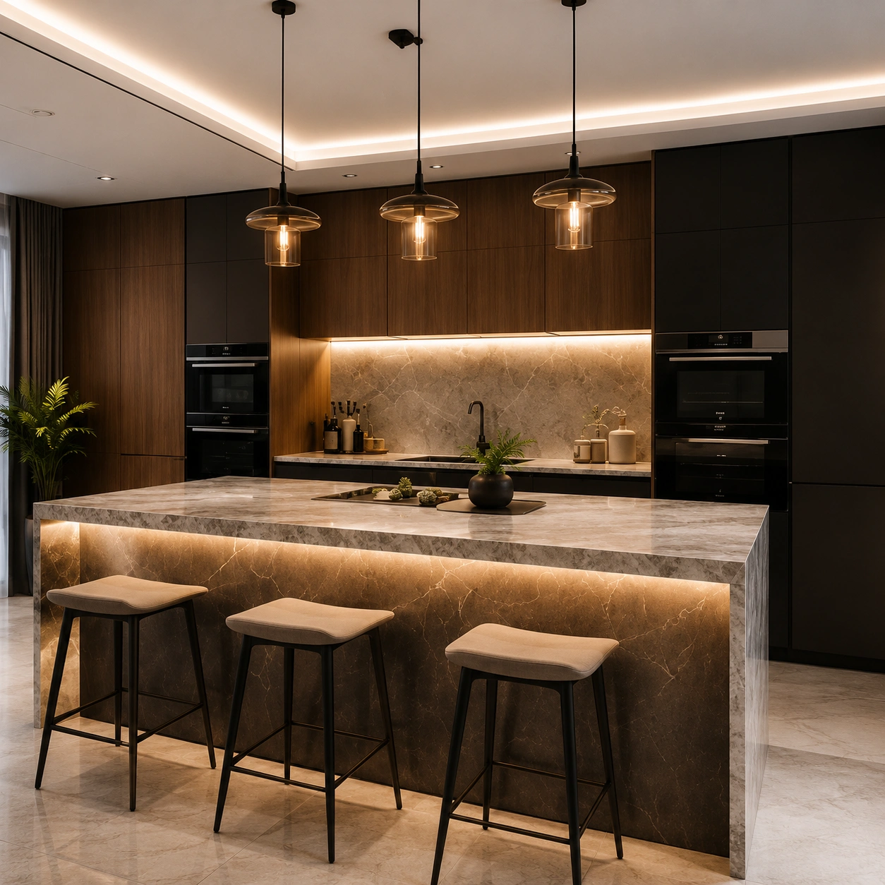 Modern luxury dining room featuring a marble dining table, upholstered chairs, designer chandelier, wooden accent wall, and elegant contemporary interior design.