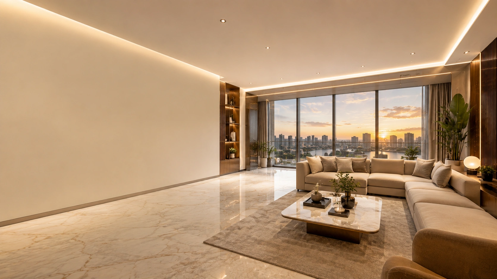 Luxury modular kitchen designed by expert interior designers in churchgate featuring a marble island, matte white cabinets, walnut wood finishes, premium built-in appliances, and panoramic city views.