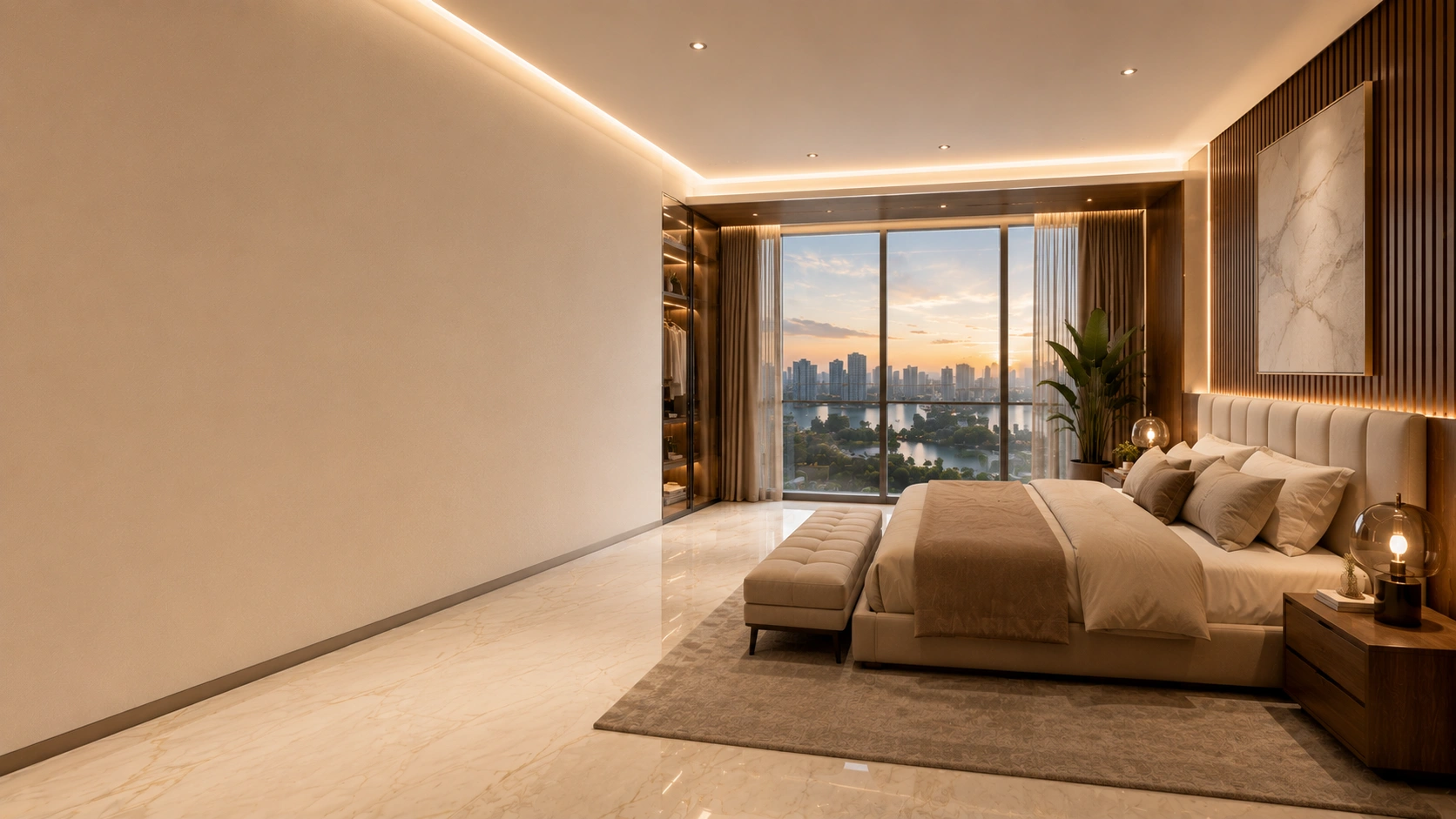 Luxury master bedroom designed by professional interior designers in ghatkopar featuring a king-size upholstered bed, wooden accent wall, walk-in wardrobe, floor-to-ceiling windows, and elegant contemporary interiors.