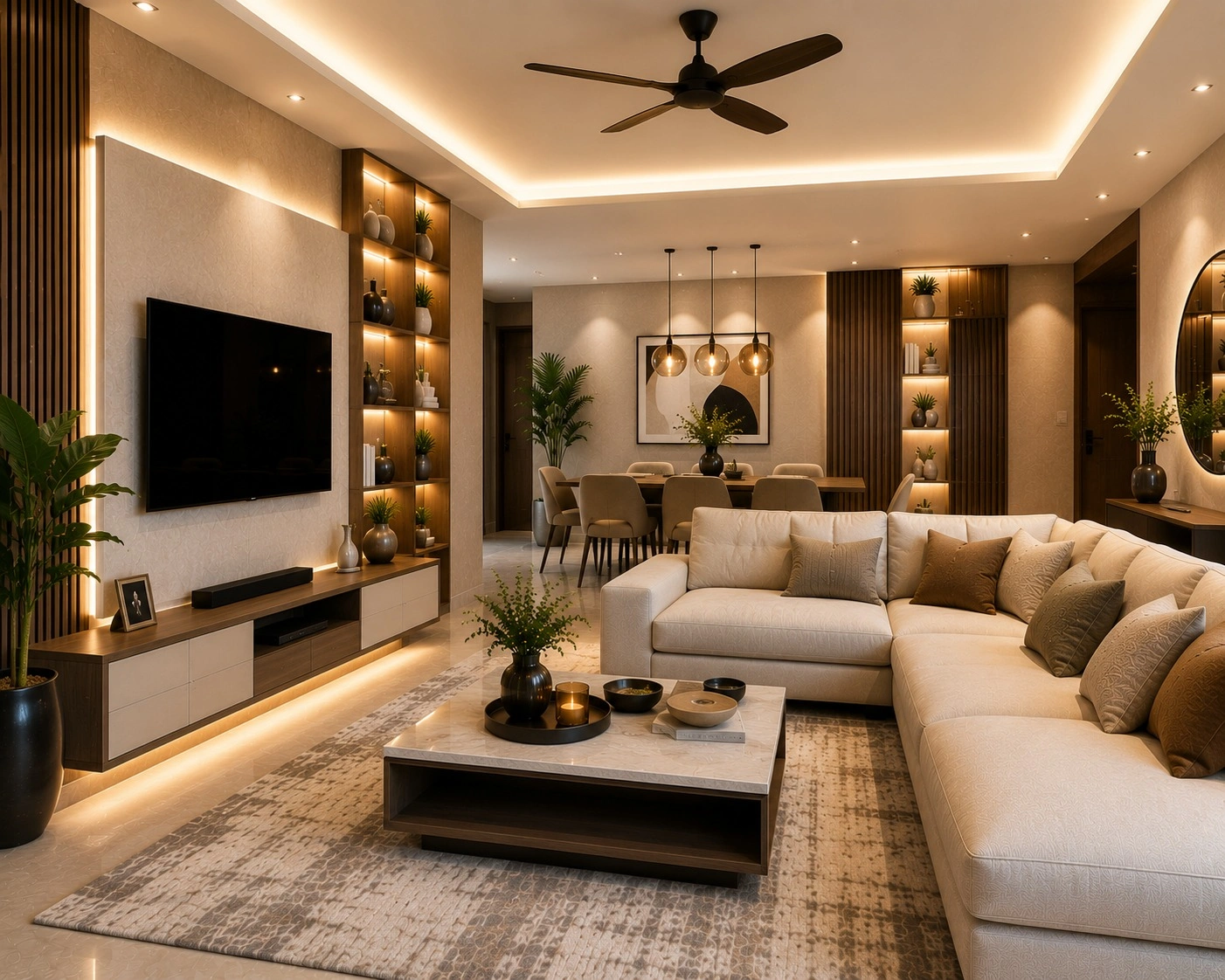 Luxury open-plan living room featuring a custom TV unit, sectional sofa, dining area, decorative shelving, warm LED lighting, and modern contemporary interior design.