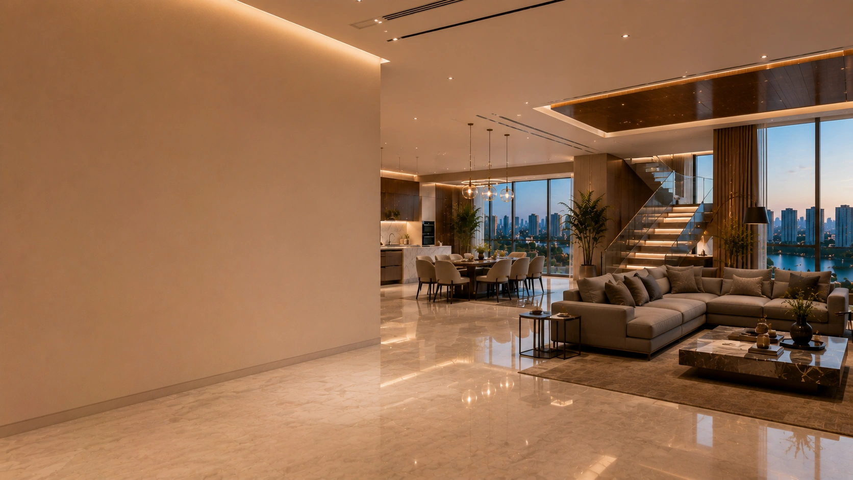 Luxury residential interior designed by expert interior designers in versova featuring a modern living room, elegant dining area, modular kitchen, stylish staircase, Italian marble flooring, and premium contemporary home interiors.