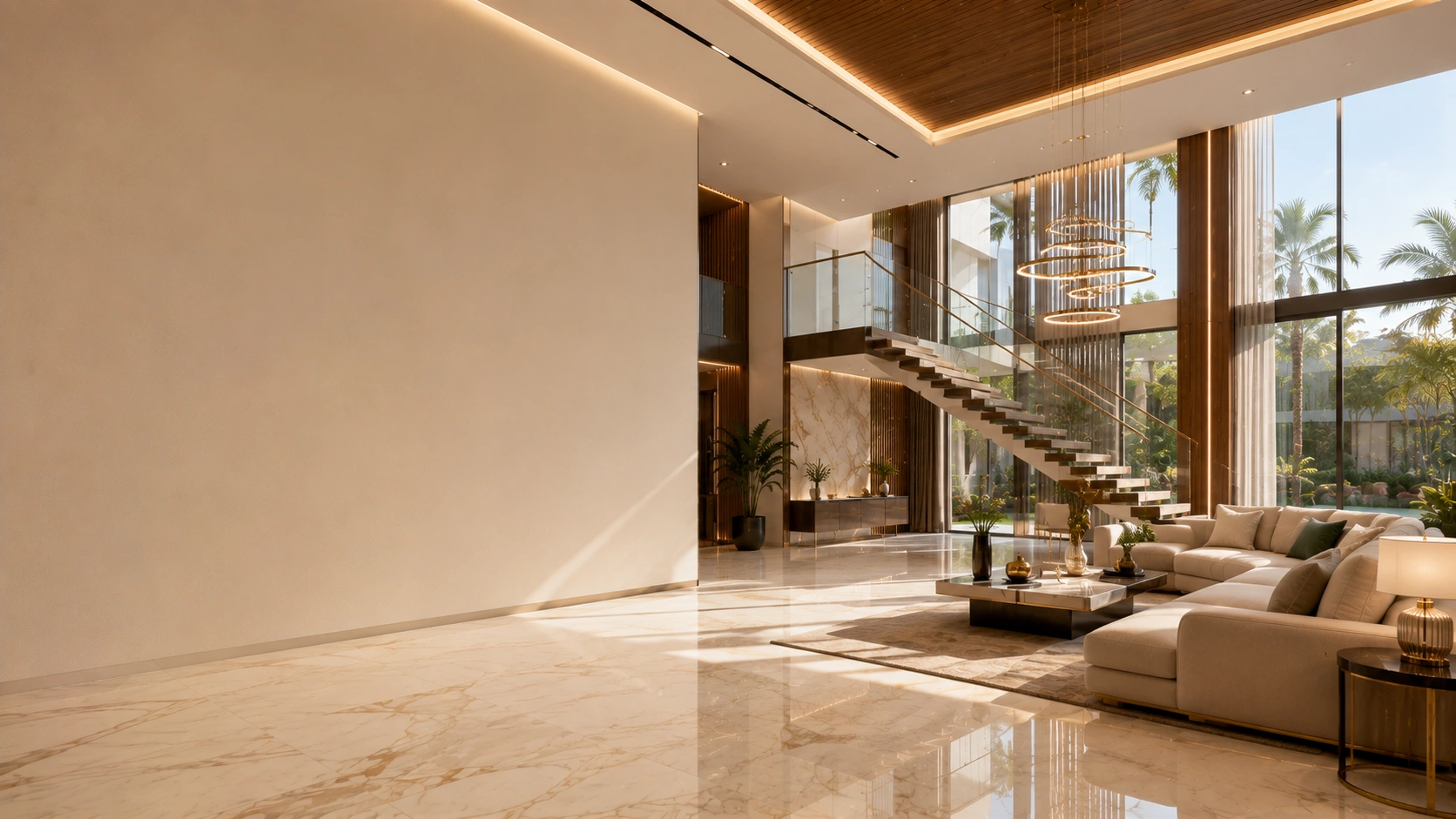 Ultra-modern luxury villa interior designed by expert interior designers in Thane, featuring a double-height living room, floating staircase with glass railing, marble flooring, designer chandelier, and elegant contemporary décor.