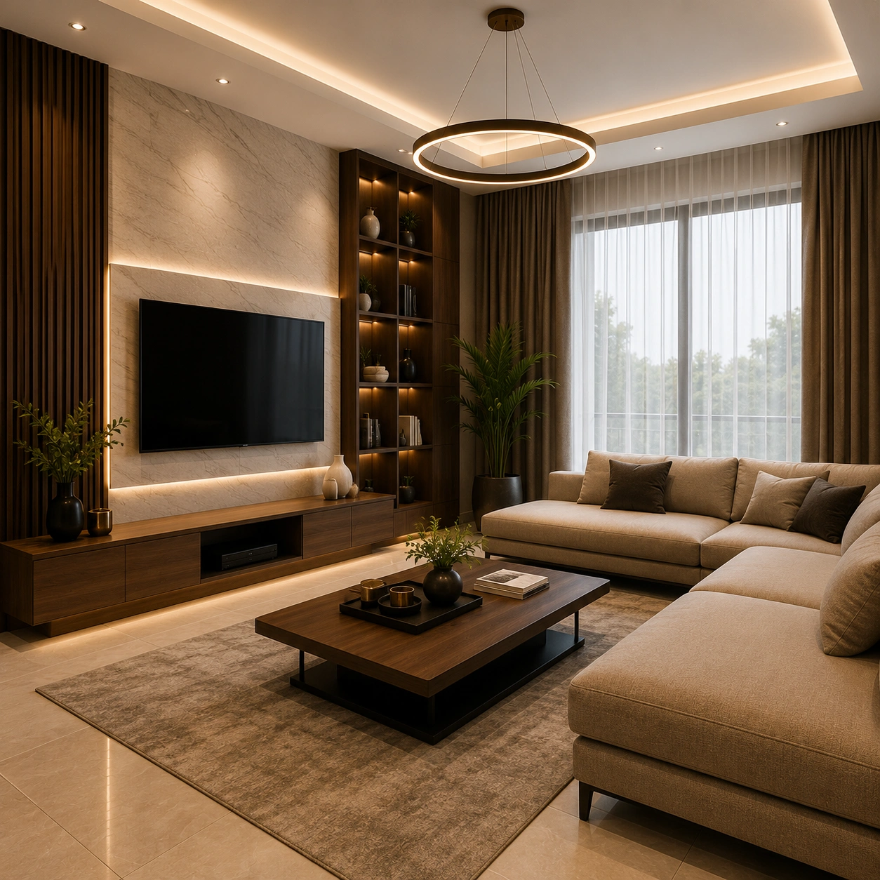Modern luxury living room featuring a beige sectional sofa, wooden wall panels, warm LED lighting, and elegant contemporary interior design.