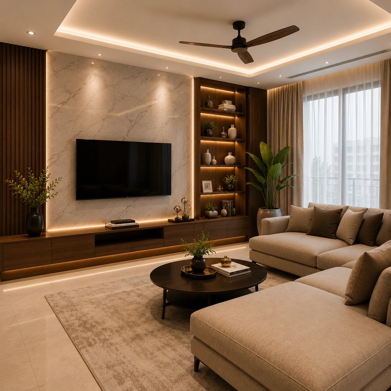 Modern luxury modular kitchen featuring a marble island, wooden cabinetry, pendant lights, and premium contemporary interior design.