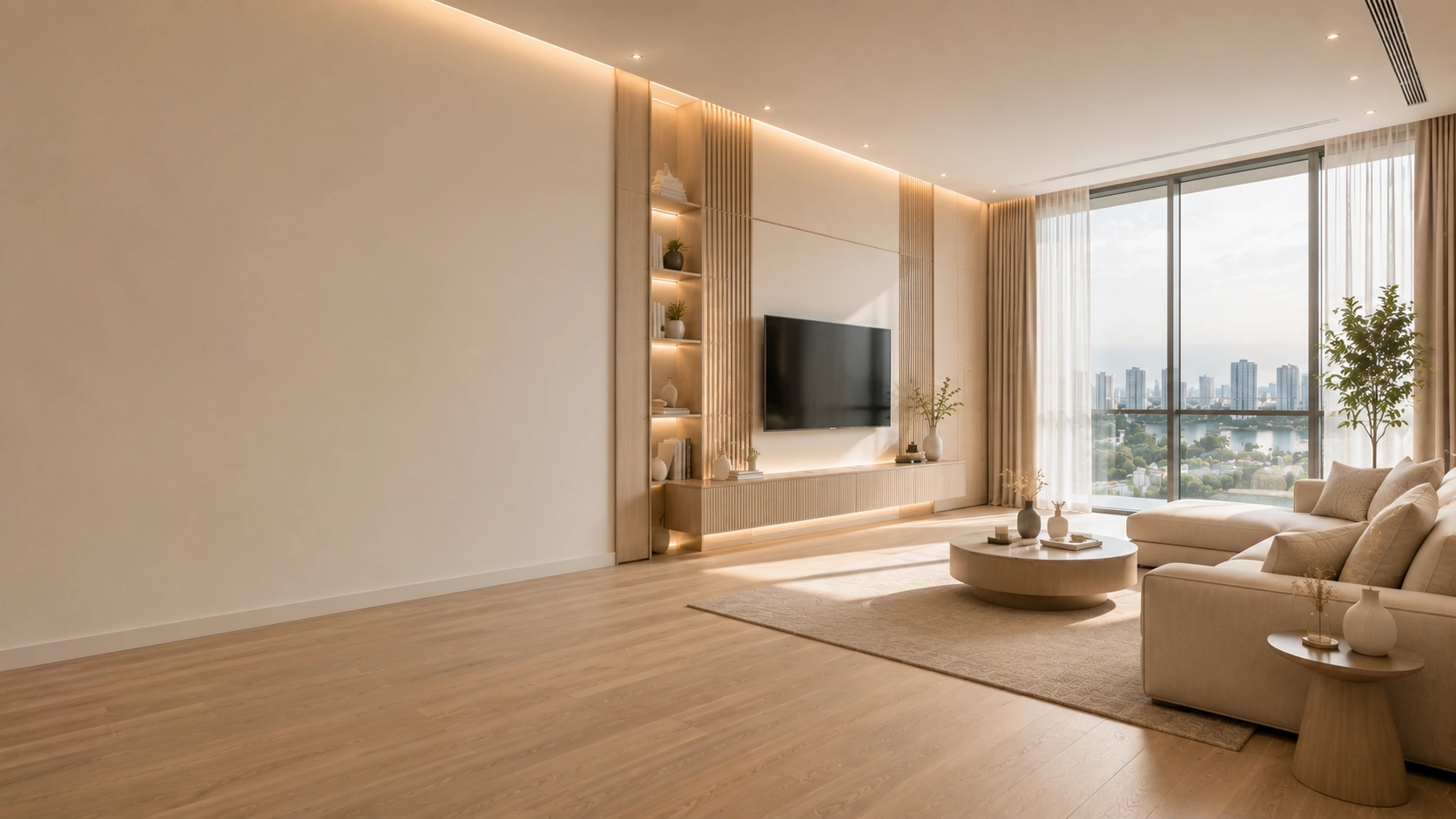 A minimalist luxury apartment interior designed by expert interior designers in Vasai, featuring Scandinavian-inspired furniture, wooden flooring, a modern TV unit, floor-to-ceiling windows, and elegant contemporary décor.