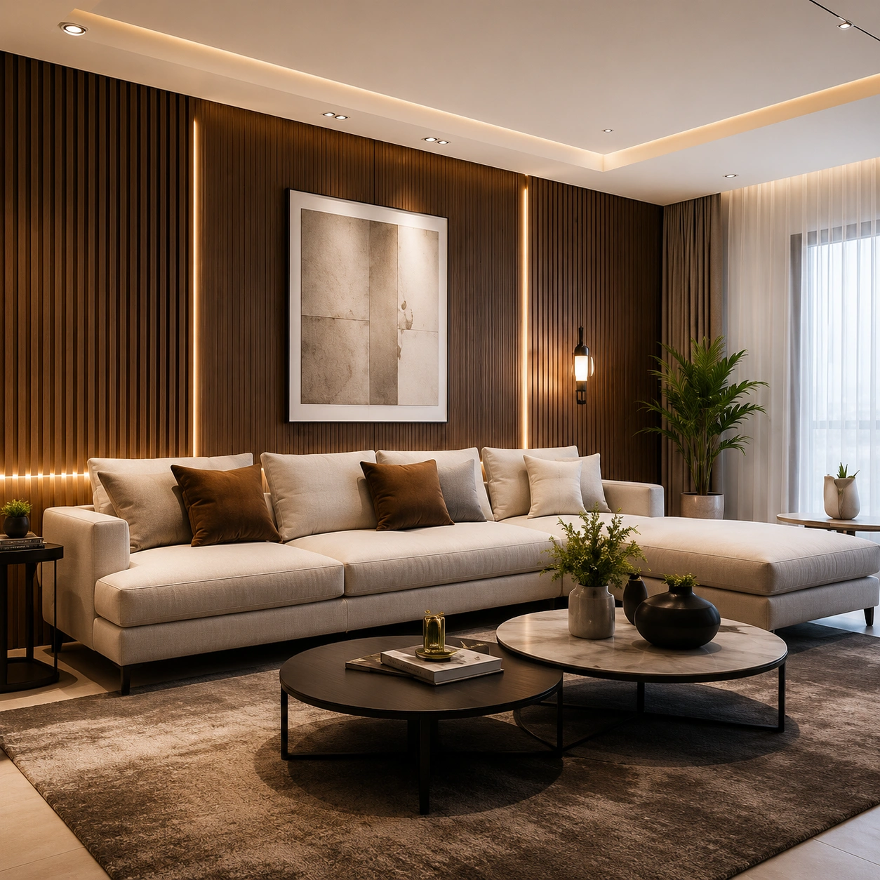 Modern luxury lounge area featuring upholstered accent chairs, illuminated display shelves, decorative wall lights, and elegant contemporary interior design.