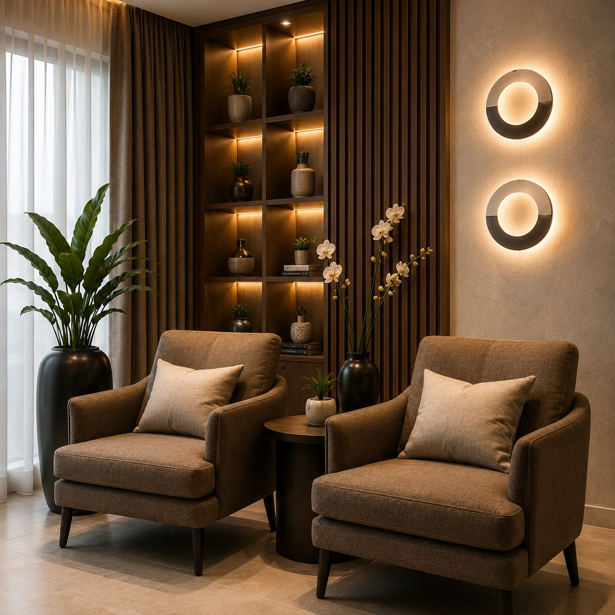 Modern luxury living room featuring a marble TV feature wall, custom wooden entertainment unit, beige sectional sofa, designer coffee table, and warm ambient lighting.