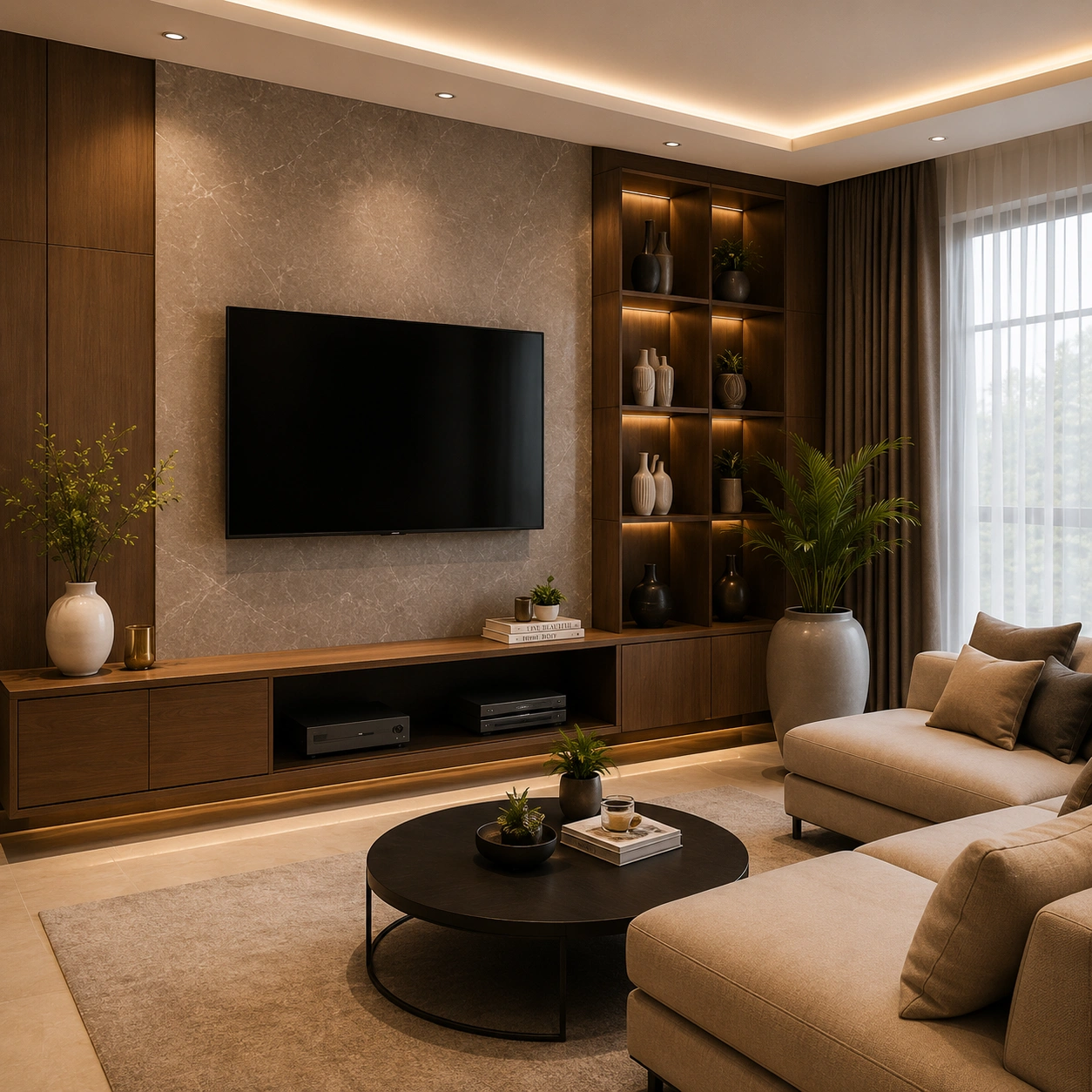Modern living room featuring a custom wooden TV unit, marble accent wall, illuminated display shelves, and elegant contemporary interior design.