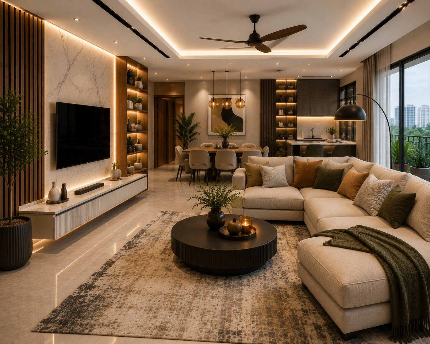 Modern luxury living room featuring a custom TV wall, marble accent panel, wooden shelving, beige sectional sofa, and elegant contemporary interior design.