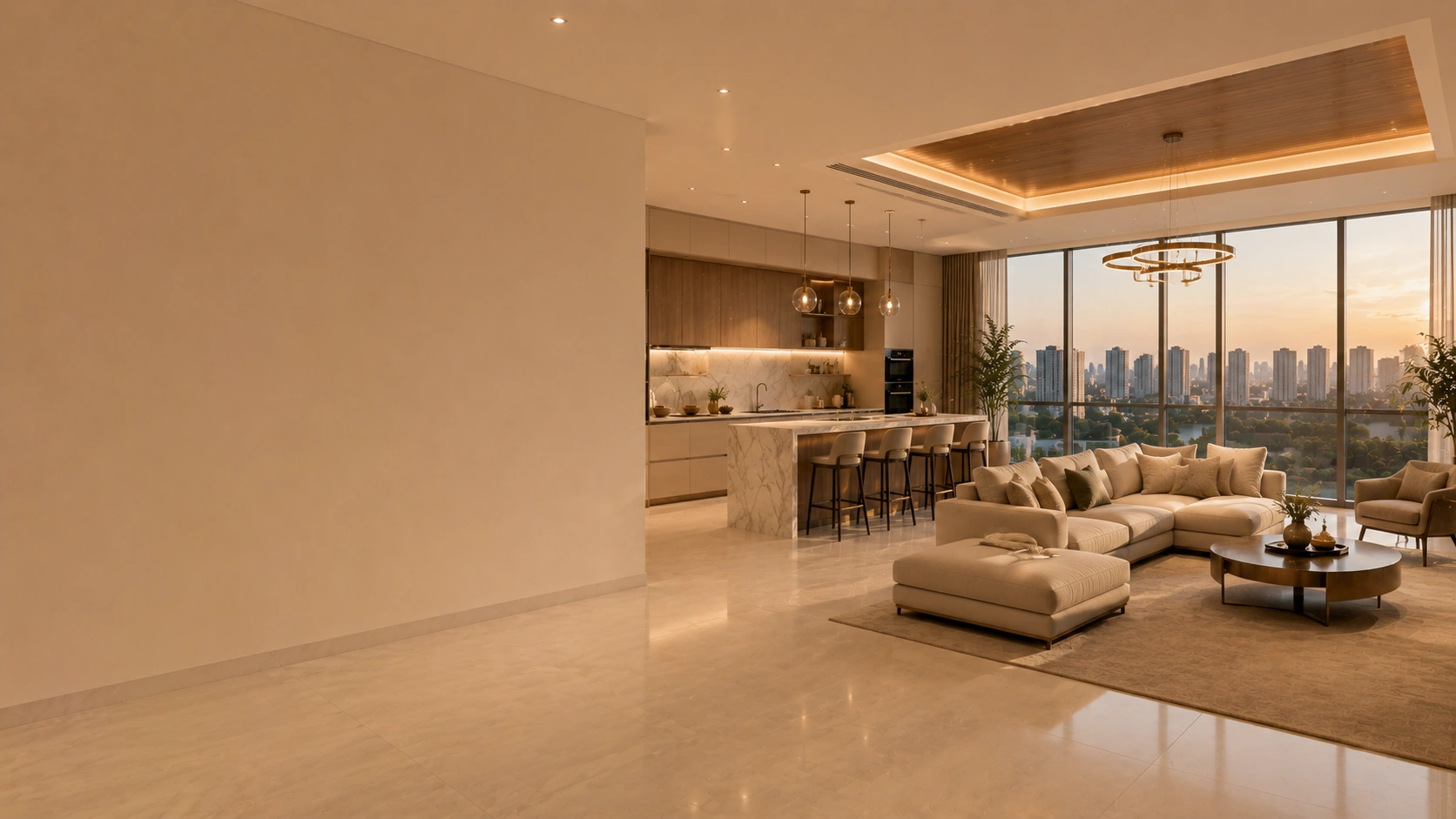 Open-plan luxury living room and modular kitchen designed by expert interior designers in Andheri featuring marble countertops, designer furniture, warm wooden finishes, panoramic windows, and elegant contemporary interiors.